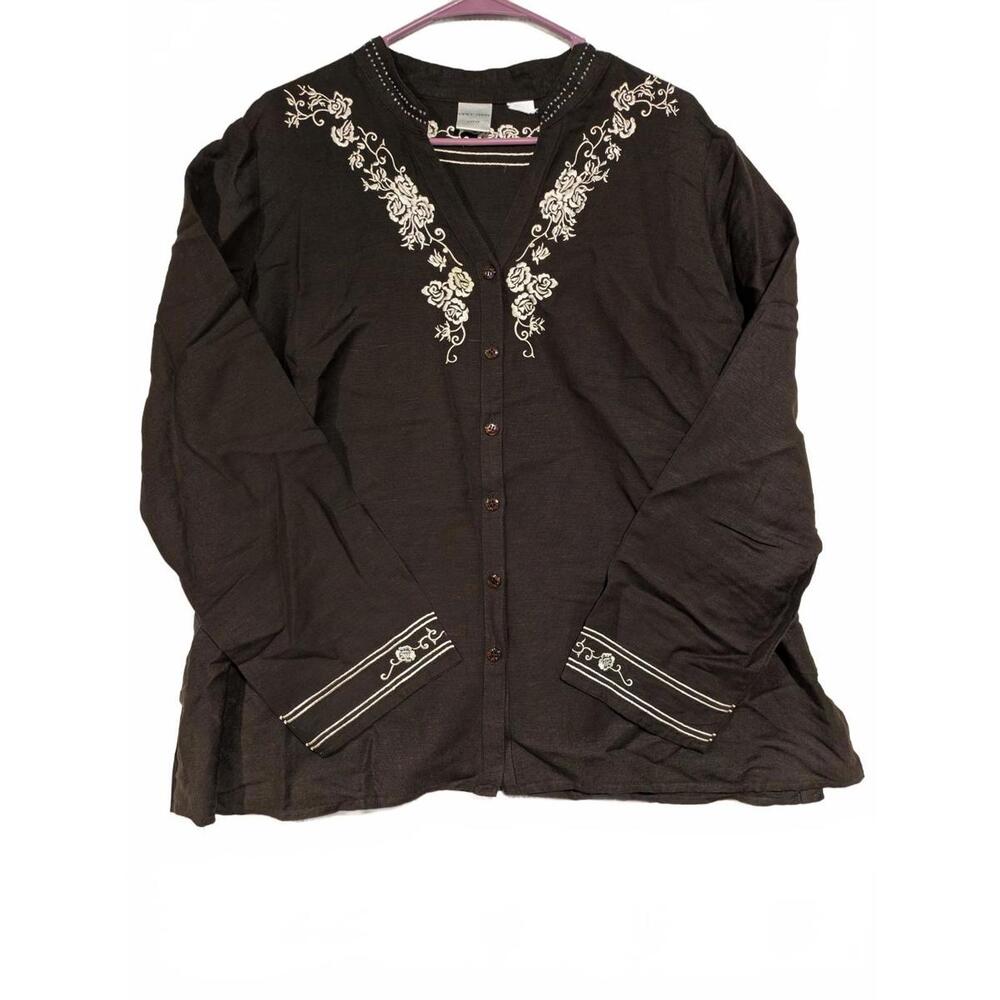 Emma James Chic Embroidered Button-Down Top Blouse Black Womens 3XL 23W